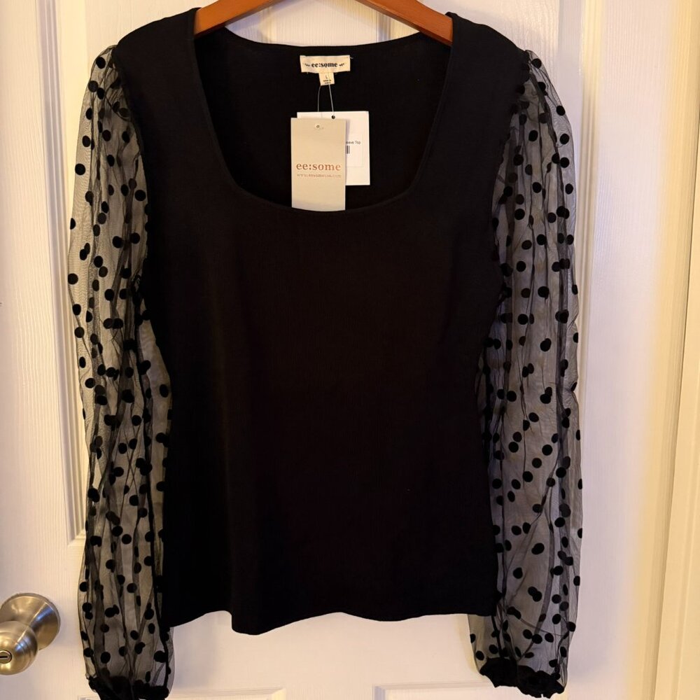 Black Large eesome Top with Mesh Puffed Sleeves New With Tags NWT